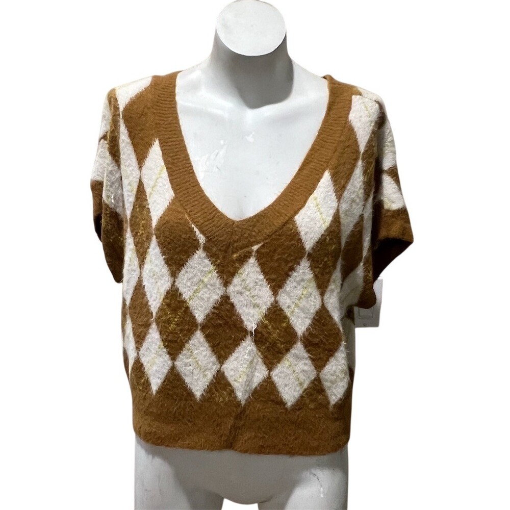 Free People Sweater Vest Womens Petite S Brown Ivory Argyle V-Neck Fuzzy